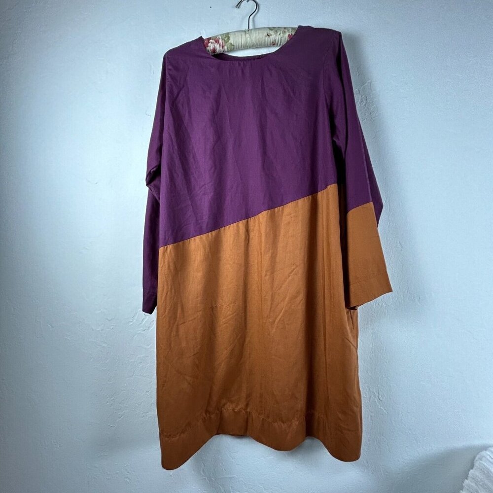 Mosaic Womens Purple & Brown Colorblock Shift Dress Large Long Sleeve Pockets